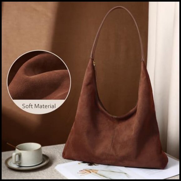 Faux Suede Hobo Shoulder Bag Slouchy Tote Zipper Closure Boho Chic - Picture 4 of 7